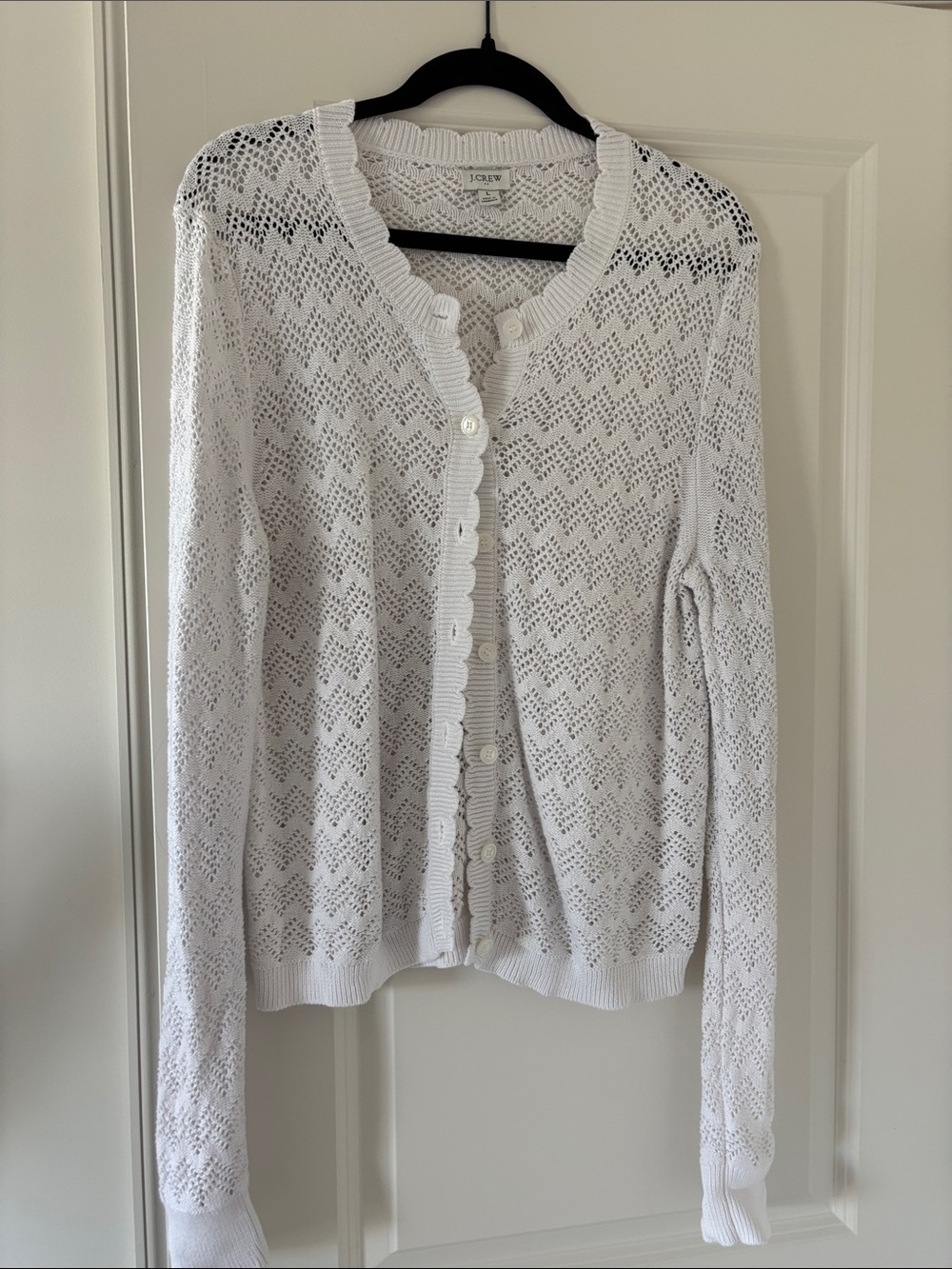 J. Crew White Openwork Scallop-Edge Button Cardigan